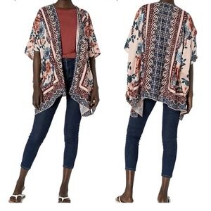 Angie Size-M Boho Floral Kimono Duster Blush Pink